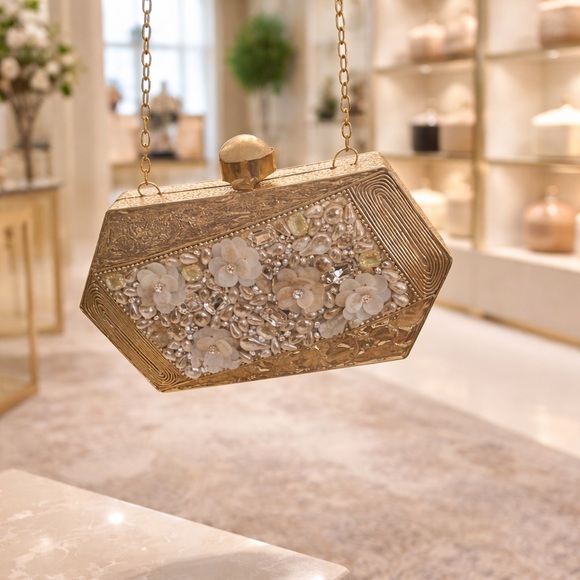 Gold Floral Pearl-Embellished Evening Clutch - Picture 4 of 7